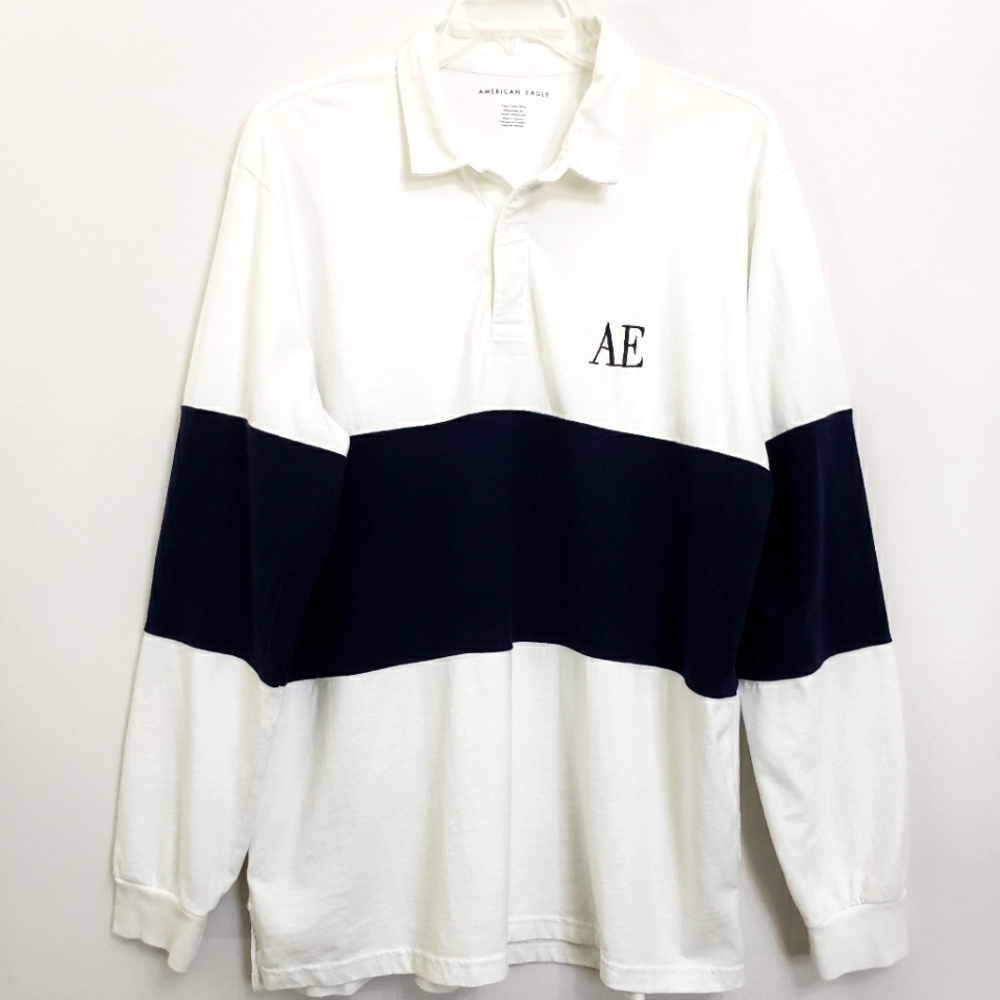 Nwot American Eagle White/ Navy Blue Colorblock Longsleeve Polo Shirt